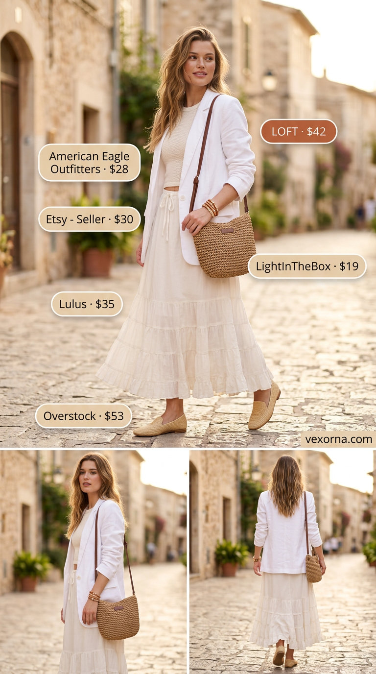 Summer white blazer outfits for women 2026: Boho beach look with white oversized blazer, crochet top, and tiered maxi skirt.