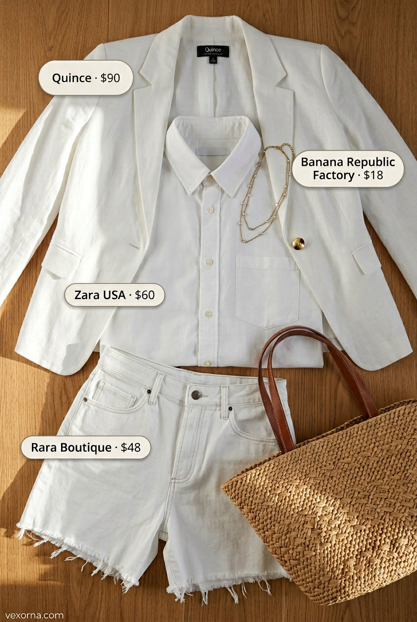Summer white blazer outfits for women 2026: Casual beach town look with white denim shorts, oversized shirt, and espadrilles.