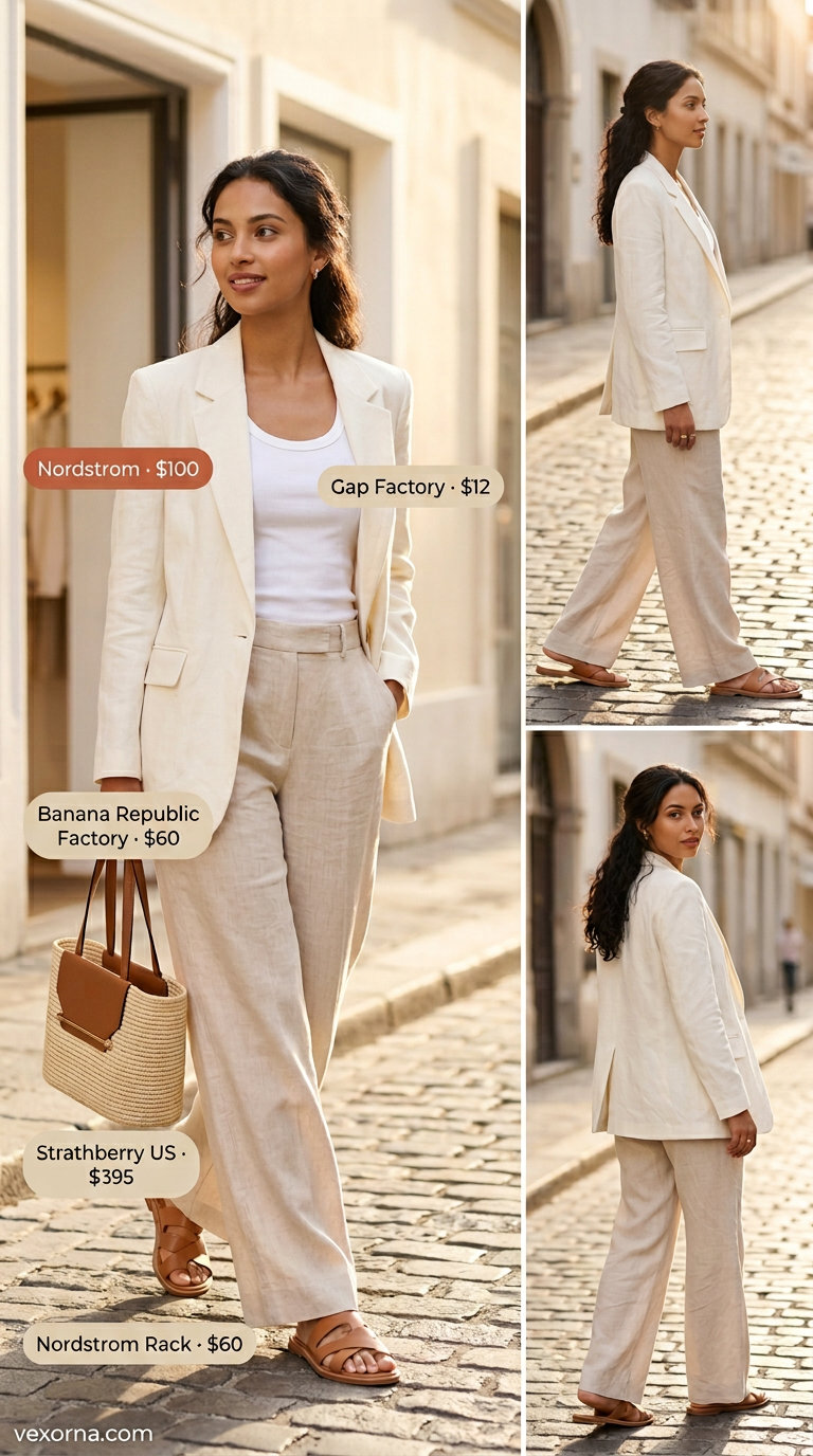 Summer white blazer outfits for women 2026: Coastal breeze set with white linen blazer, wide-leg pants, knit top, and straw tote.