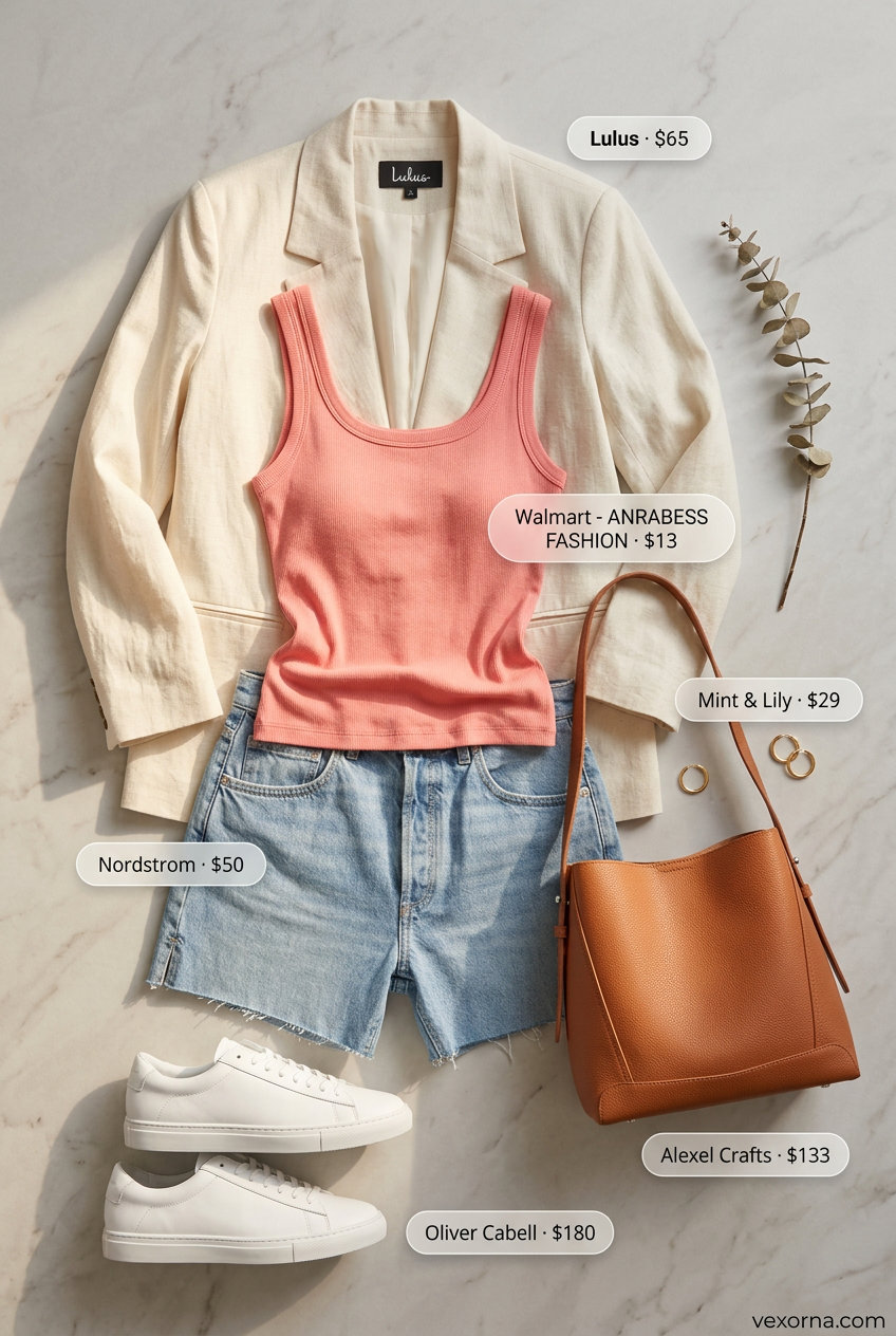 Summer white blazer outfits for women 2026: Coastal chic with white blazer, denim shorts, coral tank, and white sneakers.