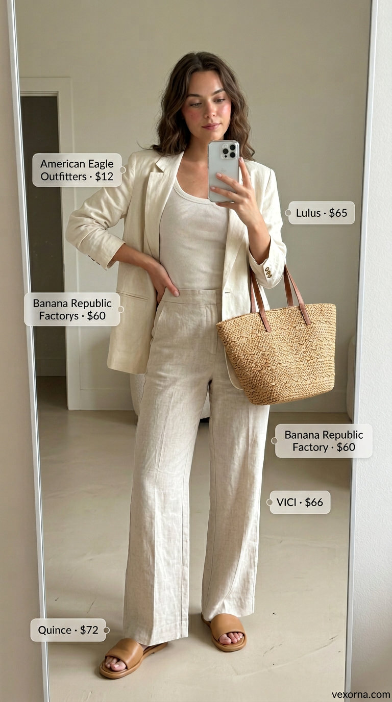 Summer white blazer outfits for women 2026: White linen blazer, cream tank, beige linen pants, straw tote for coastal vibes.