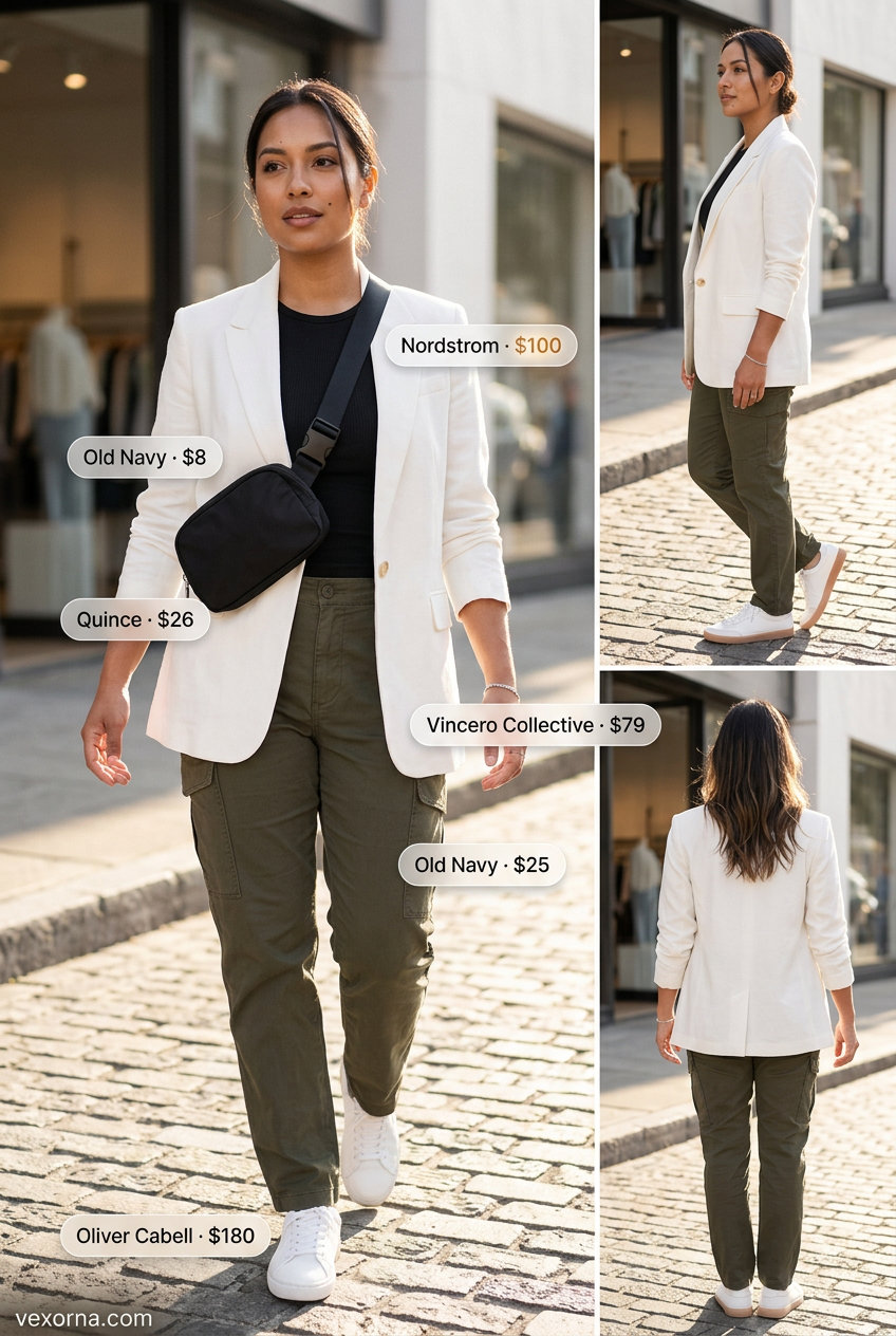 Summer white blazer outfits for women 2026: Edgy urban explorer look with white blazer, cargo pants, black tee, and sneakers.