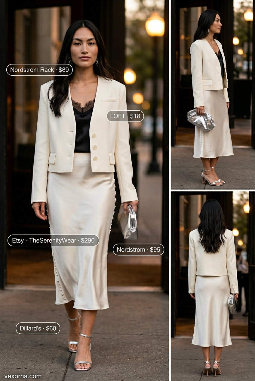 Summer white blazer outfits for women 2026: Elegant evening look with white blazer, satin skirt, camisole, and silver heels.