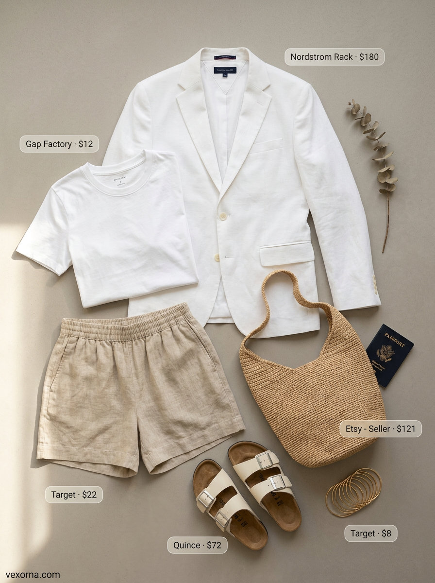 Summer white blazer outfits for women 2026: White linen blazer, linen shorts, crew neck tee, raffia tote for casual brunch.
