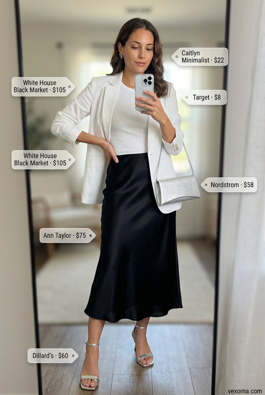Summer white blazer outfits for women 2026: Minimalist evening look with white blazer, black slip skirt, and silver heels.
