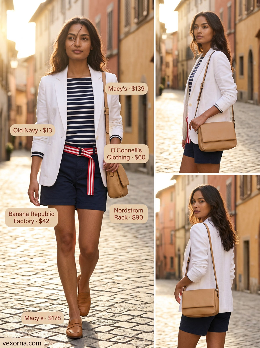 Summer white blazer outfits for women 2026: Modern preppy look with white blazer, navy stripes, chino shorts, and loafers.