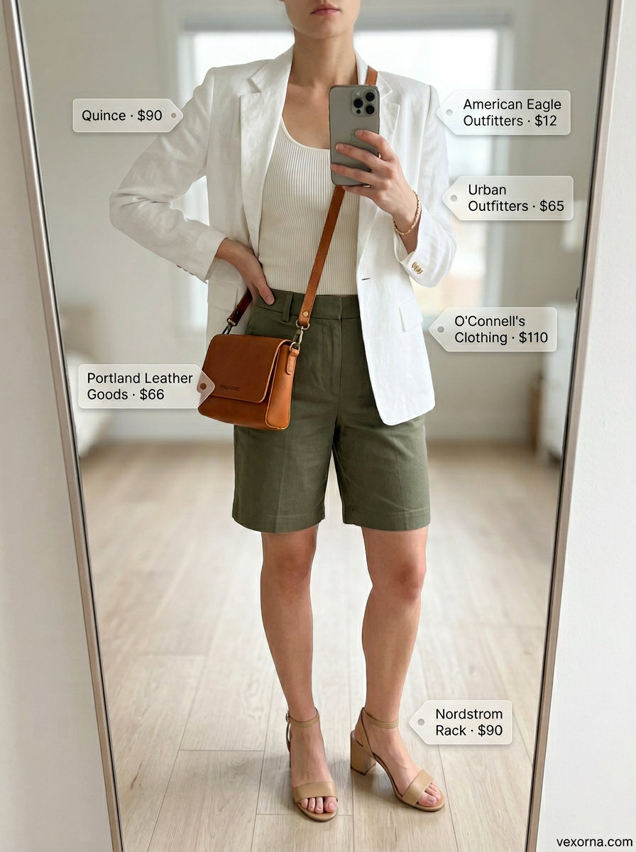 Summer white blazer outfits for women 2026: Smart casual look with white blazer, olive shorts, cream tank, and tan sandals.