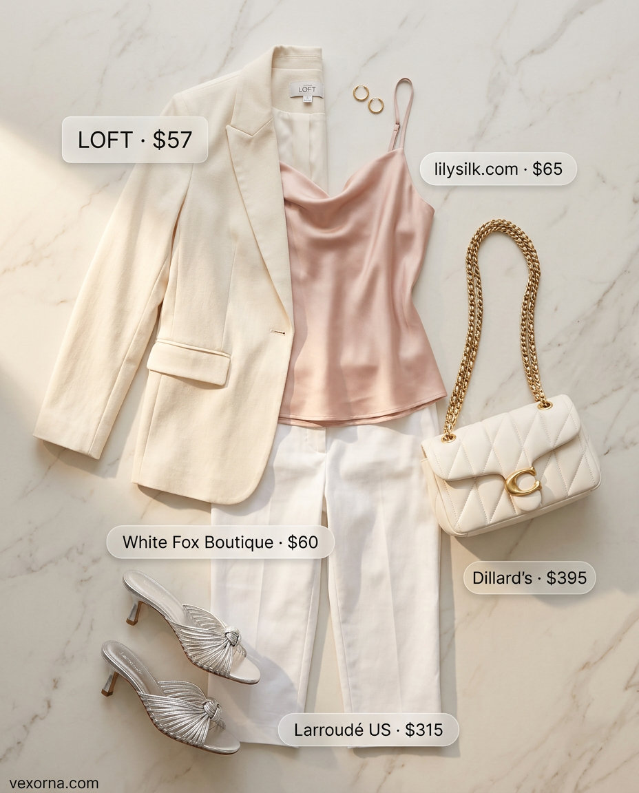 Summer white blazer outfits for women 2026: Sophisticated look with white blazer, capri pants, blush camisole, and gold mules.