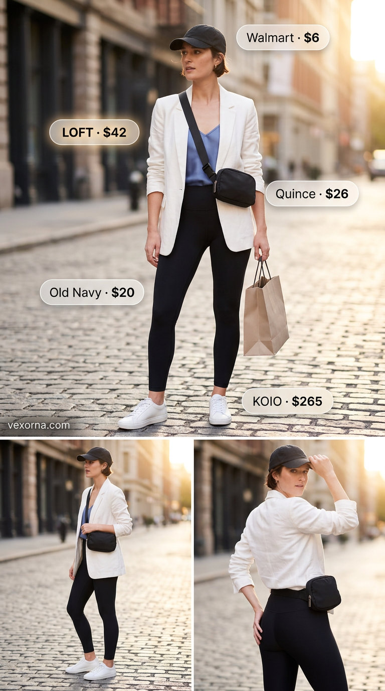Summer white blazer outfits for women 2026: White oversized blazer, black athletic crop top, black leggings, sneakers for sporty chic.