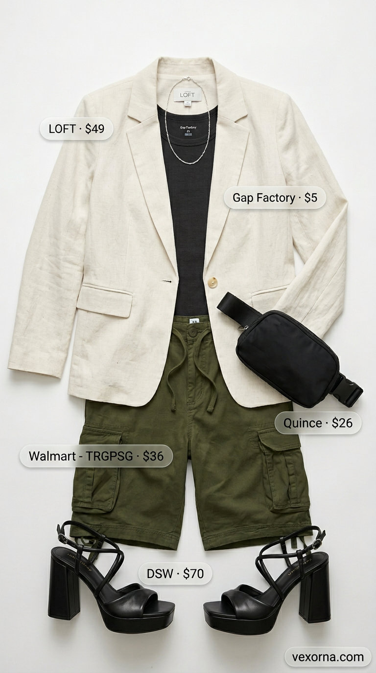 Summer white blazer outfits for women 2026: Urban explorer style with white blazer, cargo shorts, black tank, and platform sandals.