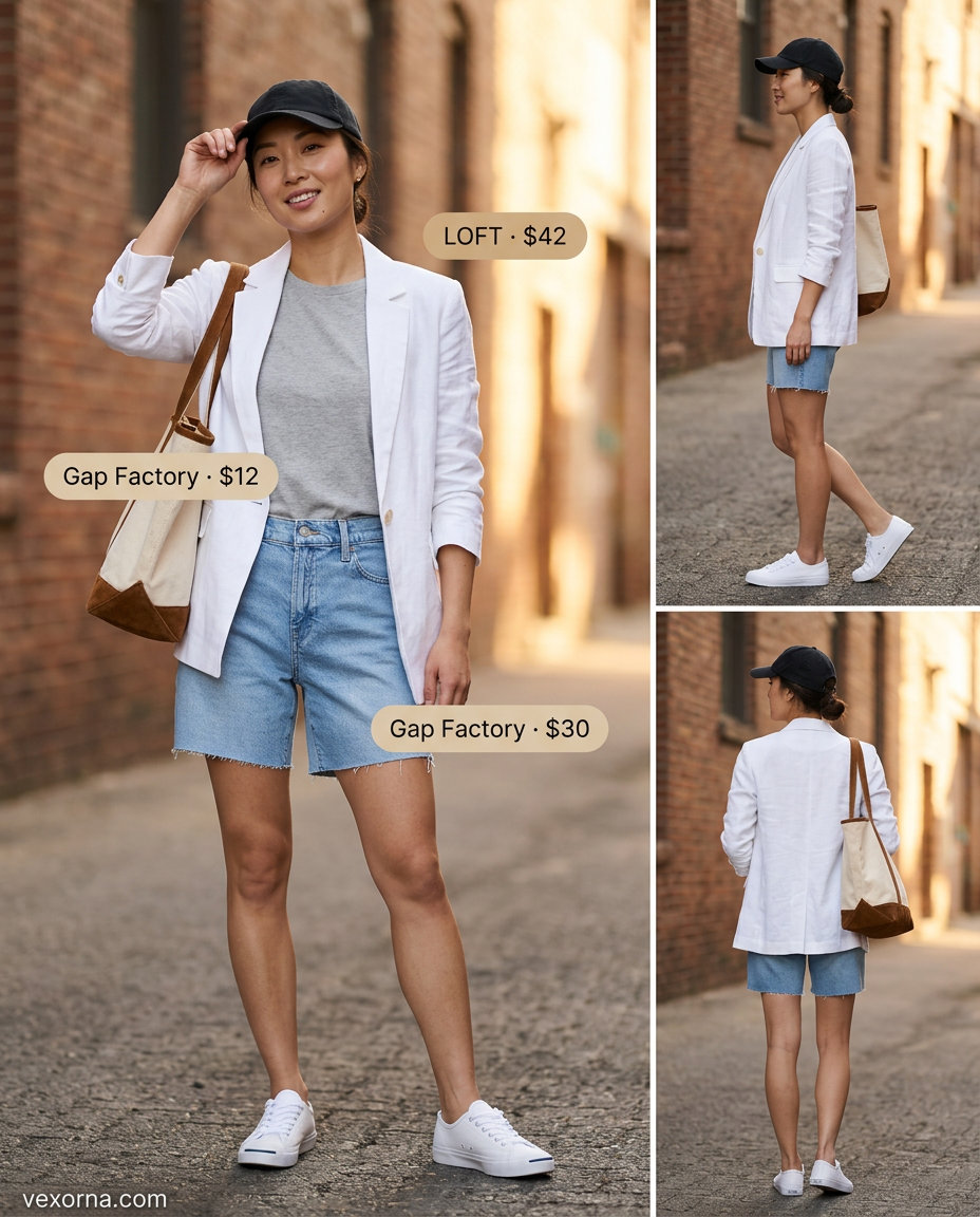 Summer white blazer outfits for women 2026: Casual weekend comfort with oversized white blazer, grey tee, denim shorts, and sneakers.