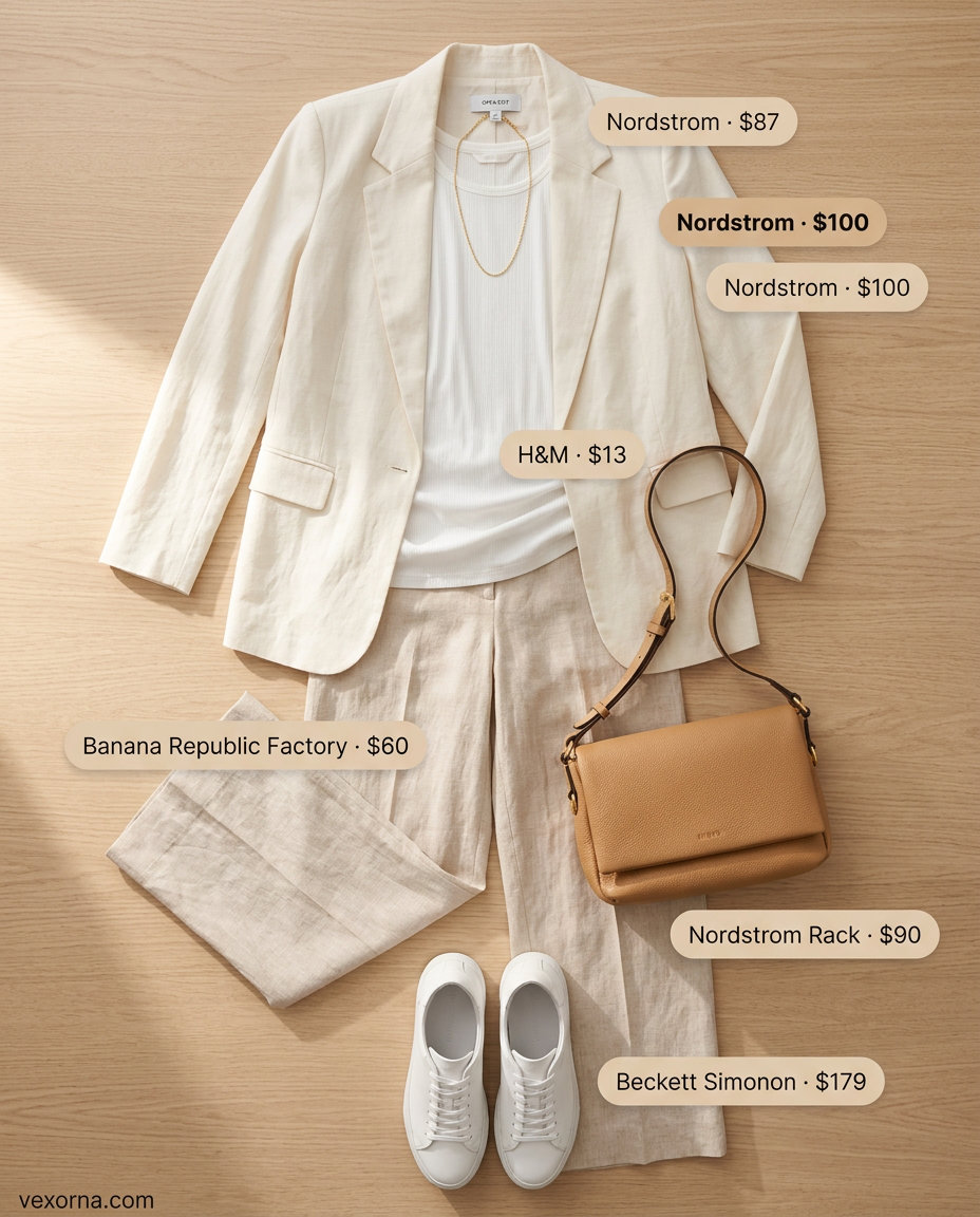 Summer white blazer outfits for women 2026: White linen blazer, wide-leg pants, ribbed tank, leather crossbody for effortless summer.