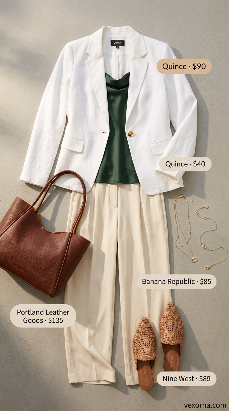 Summer white blazer outfits for women 2026: Workwear with white blazer, beige trousers, silk cami, and mules.