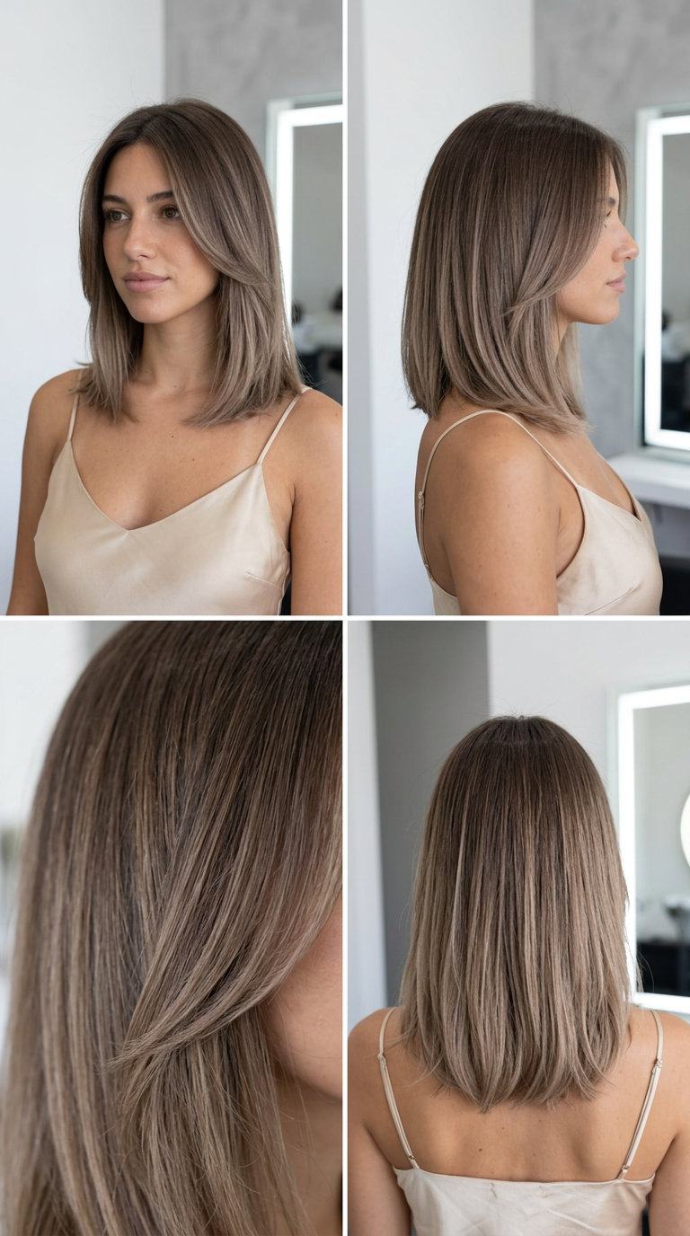 Sun-Bleached Mushroom Brown 2026 long sun-bleached portobello mushroom brown hair with taupe ends, no fringe — playful beachy effortless