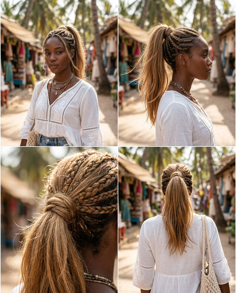 long sun-kissed blonde ponytail with subtle braids and gold accents for summer