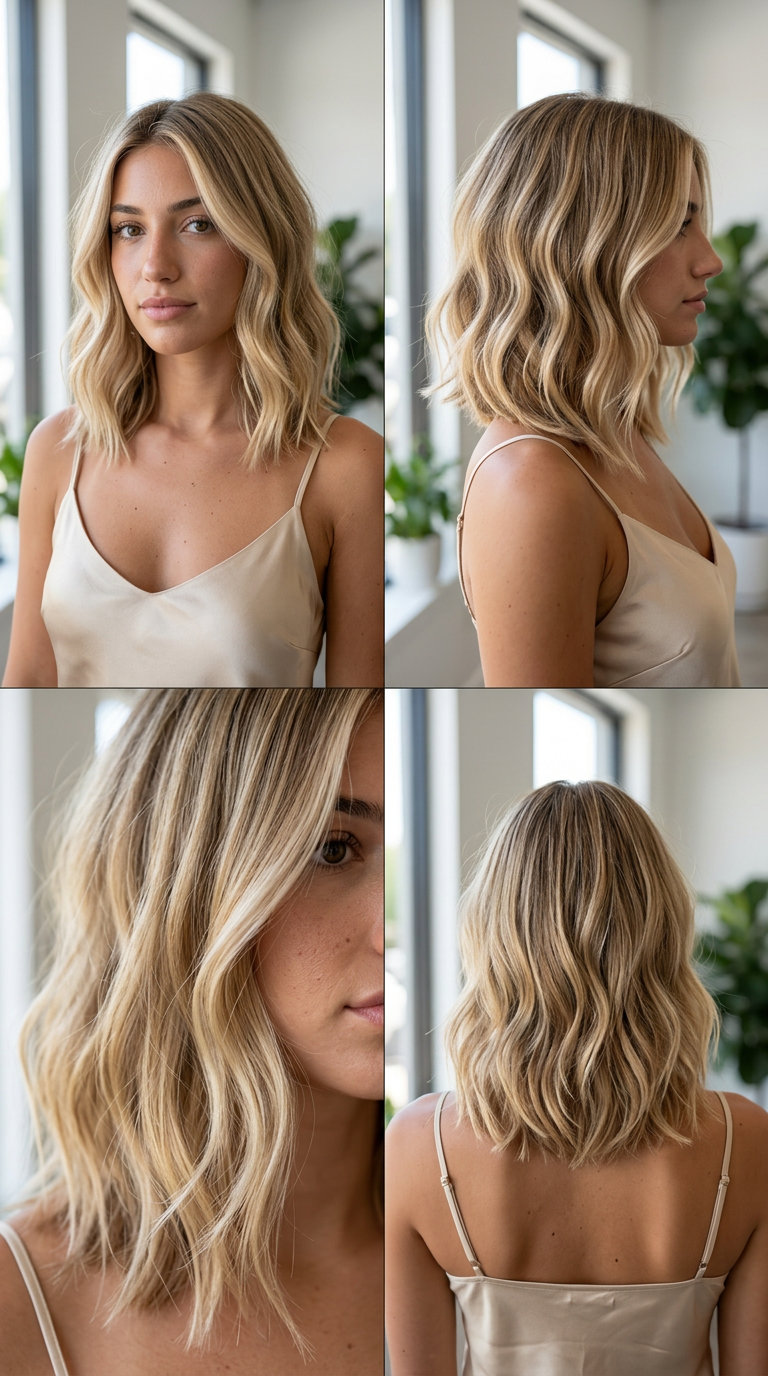 medium A-line lob haircut in natural sun-kissed blonde with texturized ends, subtle layers — effortless natural style