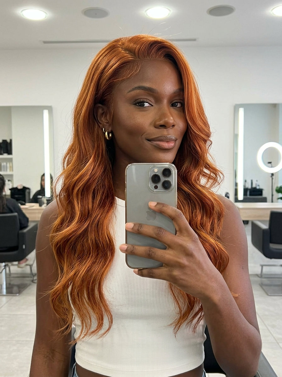 long layered haircut with sunset copper, golden balayage, point-cut layers — bold retro waves