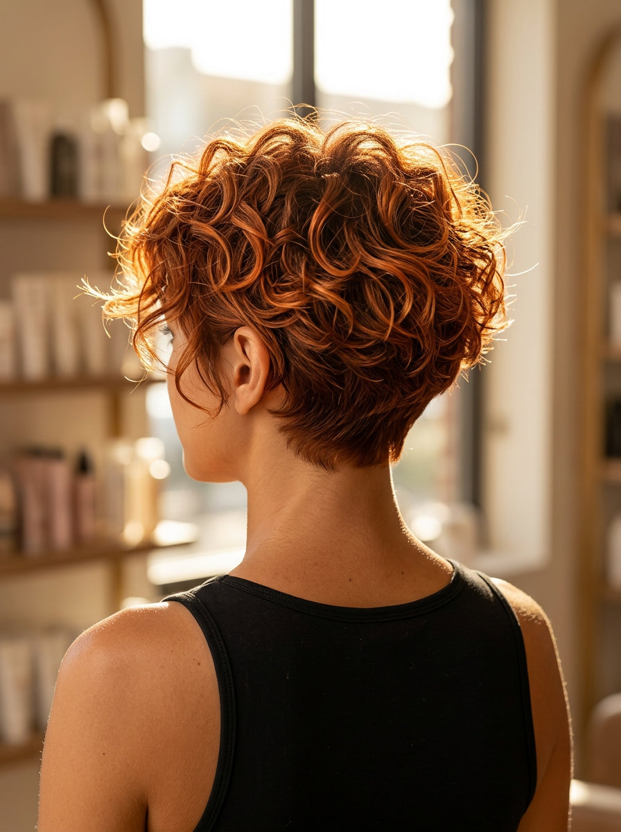 very short bixie haircut for curls in sunset copper with balayage and tapered sides for summer festivals