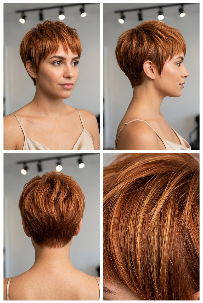 very short bixie haircut in vibrant sunset copper, golden micro-highlights, piecey fringe — bold retro edgy look