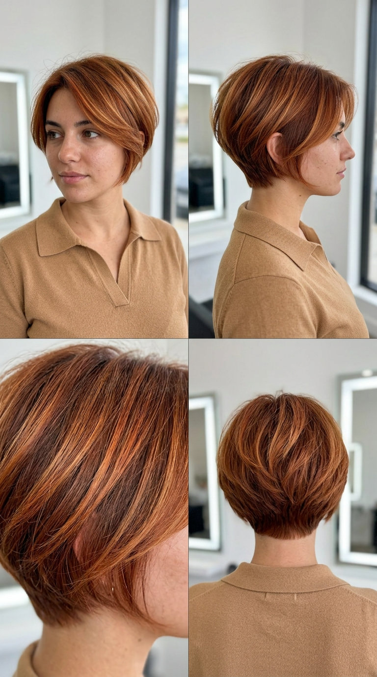 very short bixie haircut in sunset copper with golden balayage, soft textured layers, tapered nape — playful bohemian style