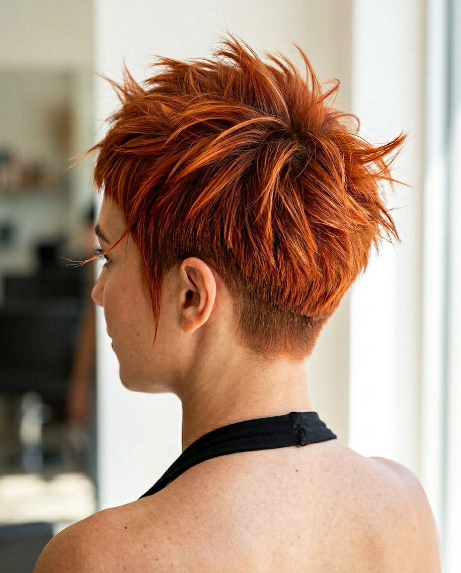 very short bixie haircut in sunset copper with spiky texture and faded nape for concerts