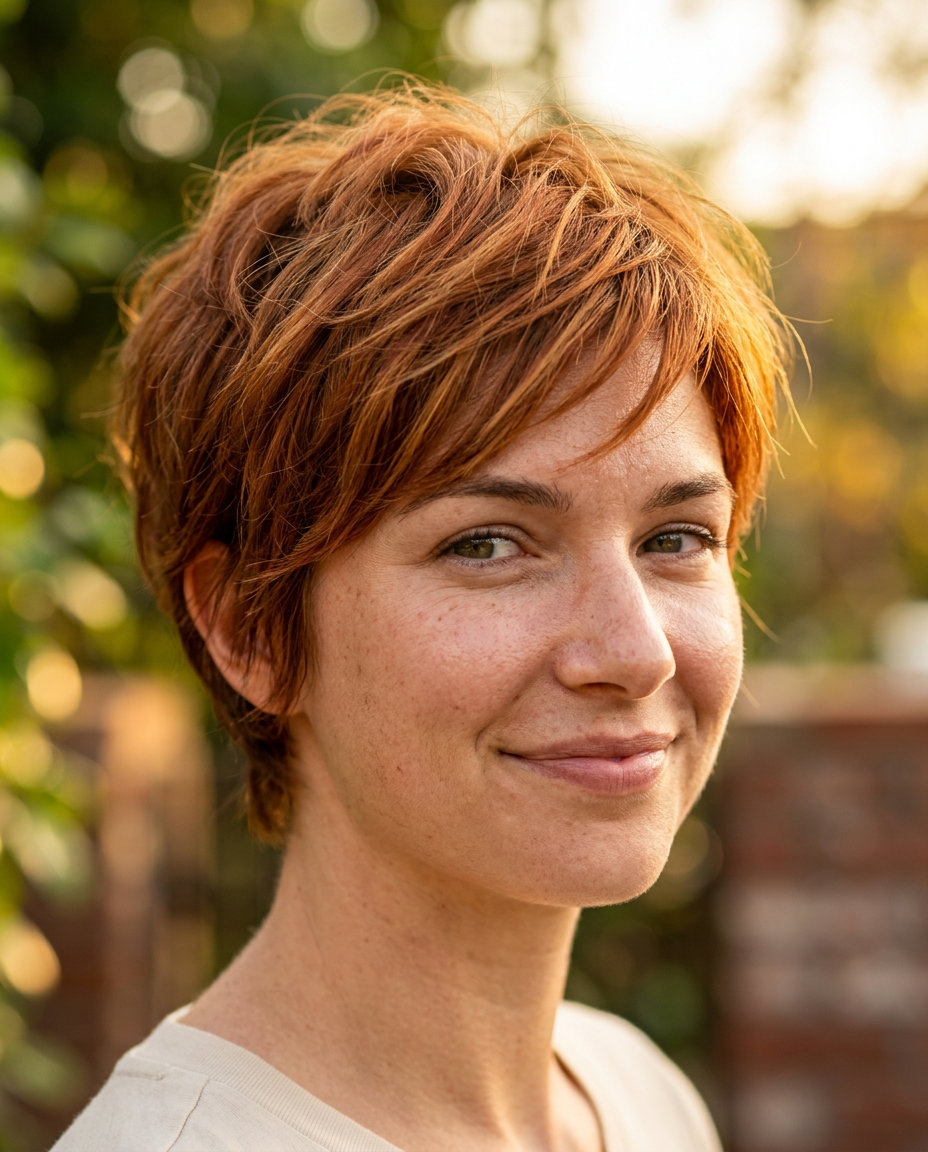 very short pixie haircut in multi-tonal sunset copper with babylights, feathered fringe, for summer