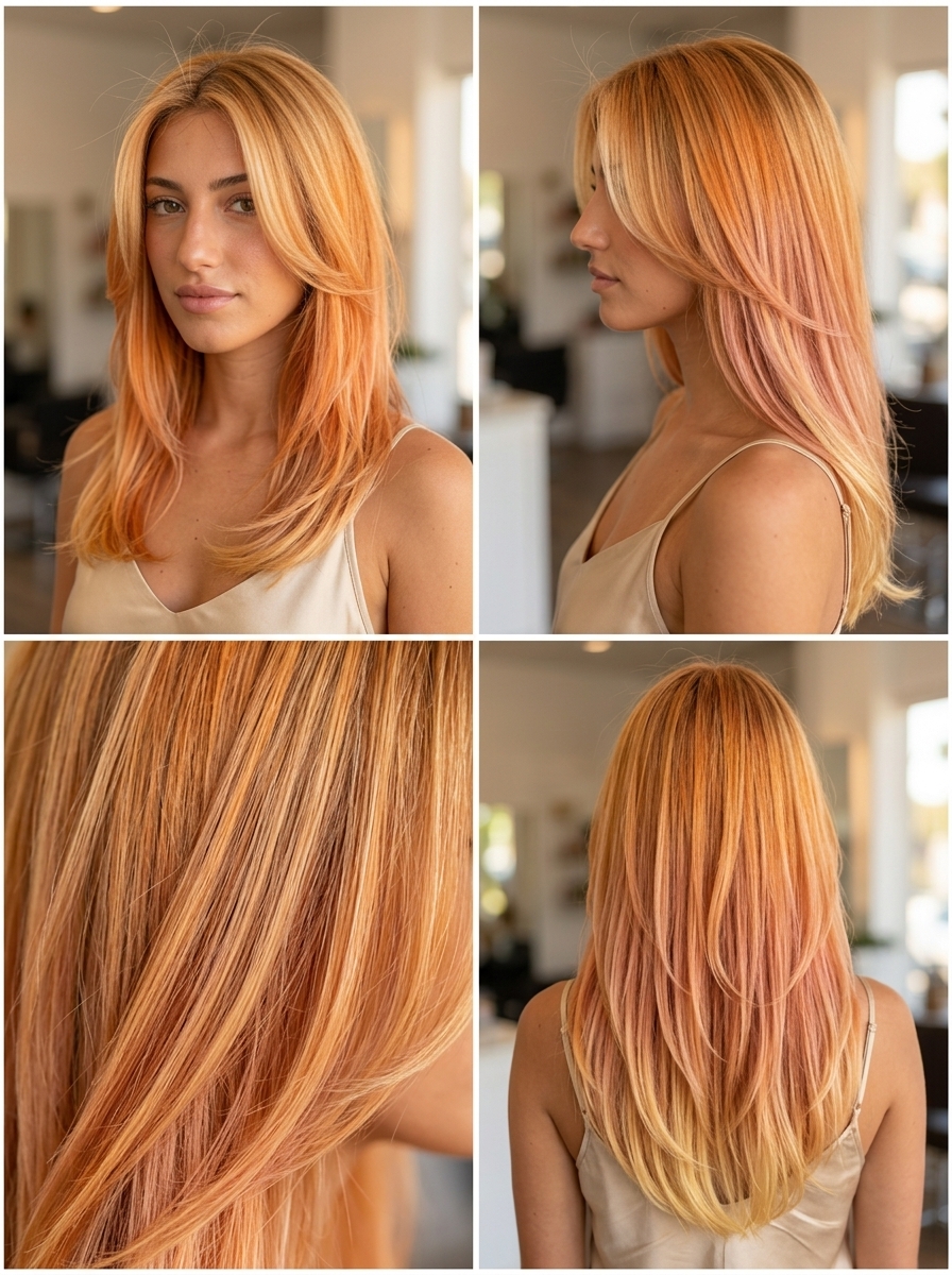 long layered hair with sunset ombré from golden blonde to apricot orange and rose gold