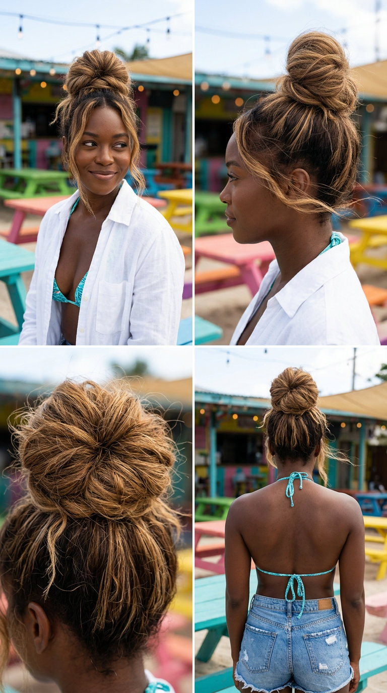 syrup blonde top knot with warm balayage highlights and textured layers for summer