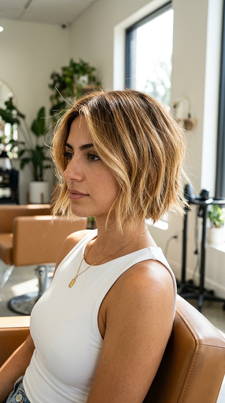 Syrup Blonde Balayage Bob 2026 short choppy bob haircut with syrup blonde balayage, warm honey highlights, face-framing — vibrant brunch