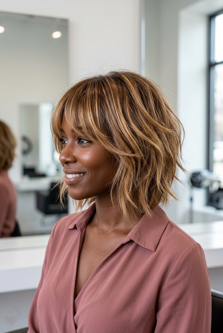 Syrup Blonde Shag Bob 2026 short choppy shag bob haircut with syrup blonde balayage, curtain fringe, and razored ends for summer 2026