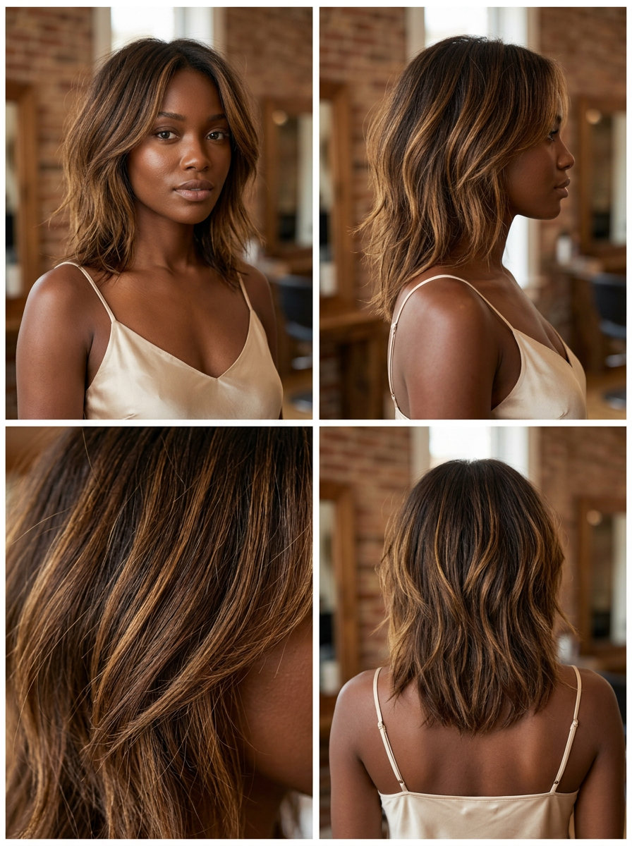 shoulder-length syrup brown shag haircut with honey-gold balayage and face-framing layers for boho look