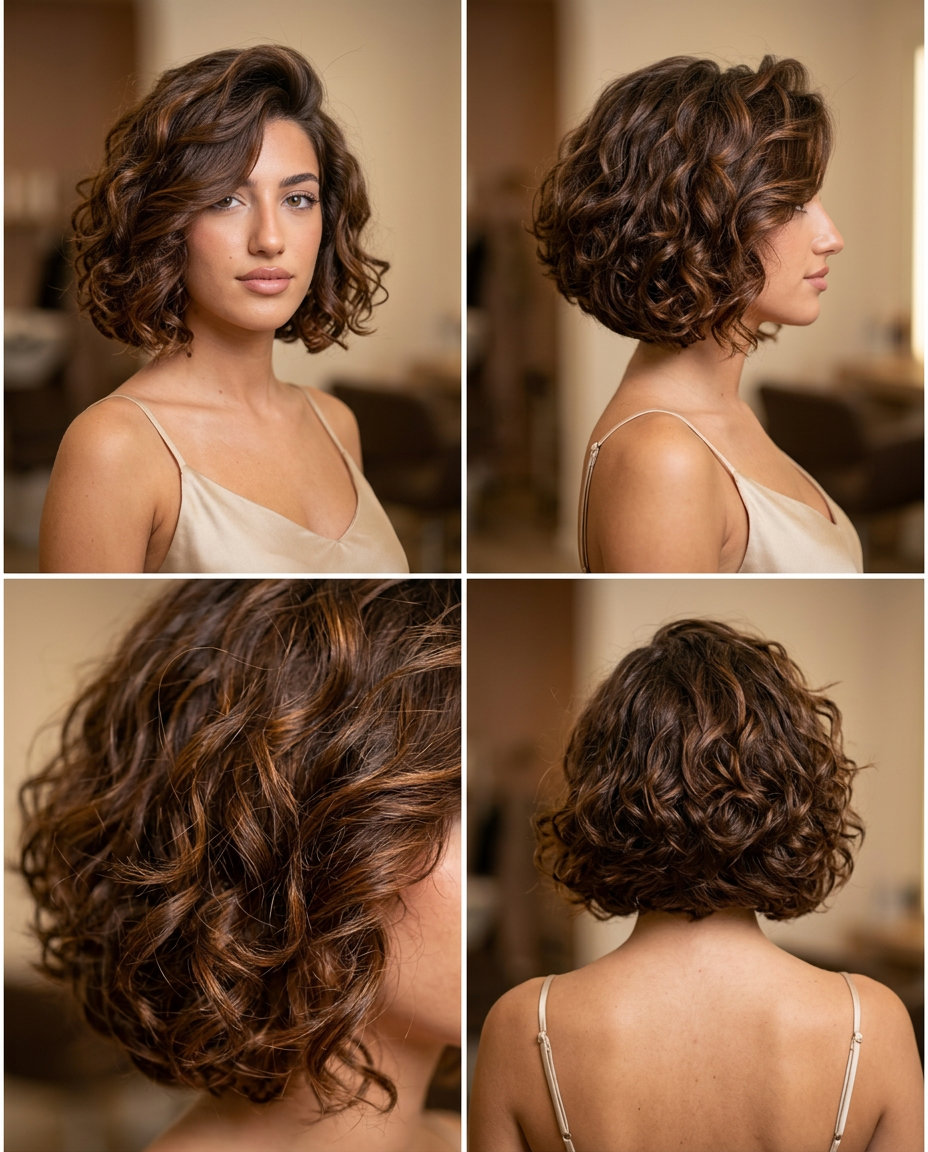 chin-length layered bob with syrup brunette color, face-framing sweep for glamour