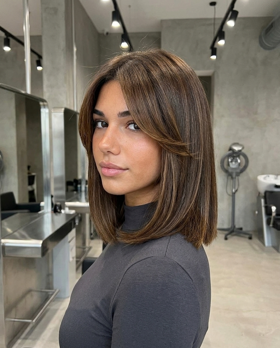 collarbone syrup brunette lob with caramel balayage, blunt perimeter, swept curtain bangs — sophisticated