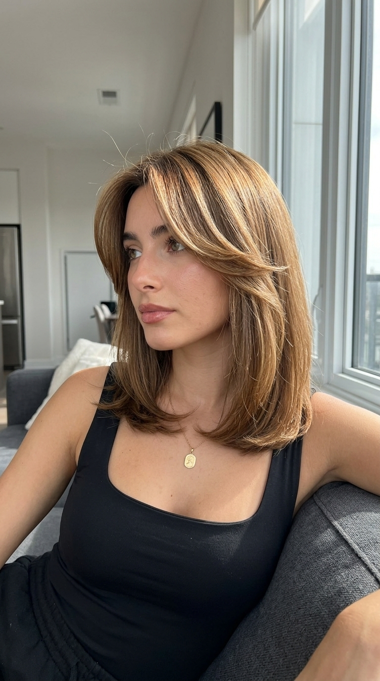 collarbone syrup brunette mid-length with warm undertones, sculpted layers, swept curtain bangs — romantic