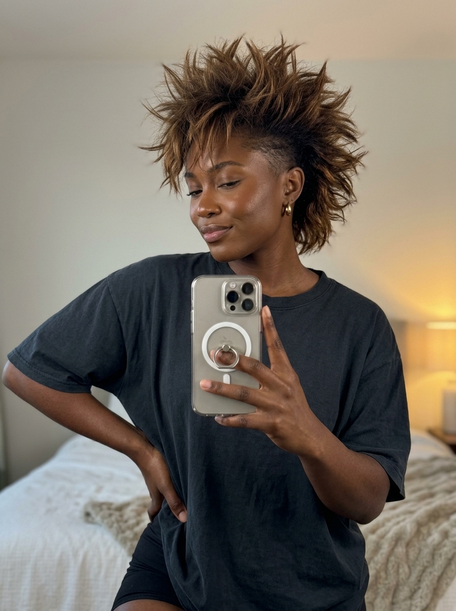 New Wave Spiky Midi: Brunette Hair 2026 medium textured haircut with syrup brunette, honey ribbons, clipper faded sides — edgy nightlife