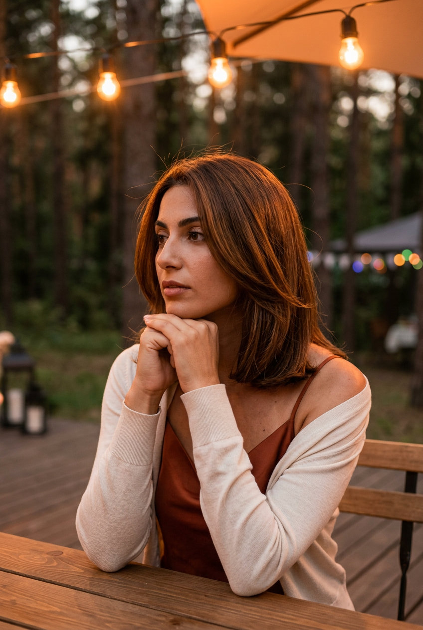 shoulder-length lob with syrup brunette color, internal face-framing layers for romance