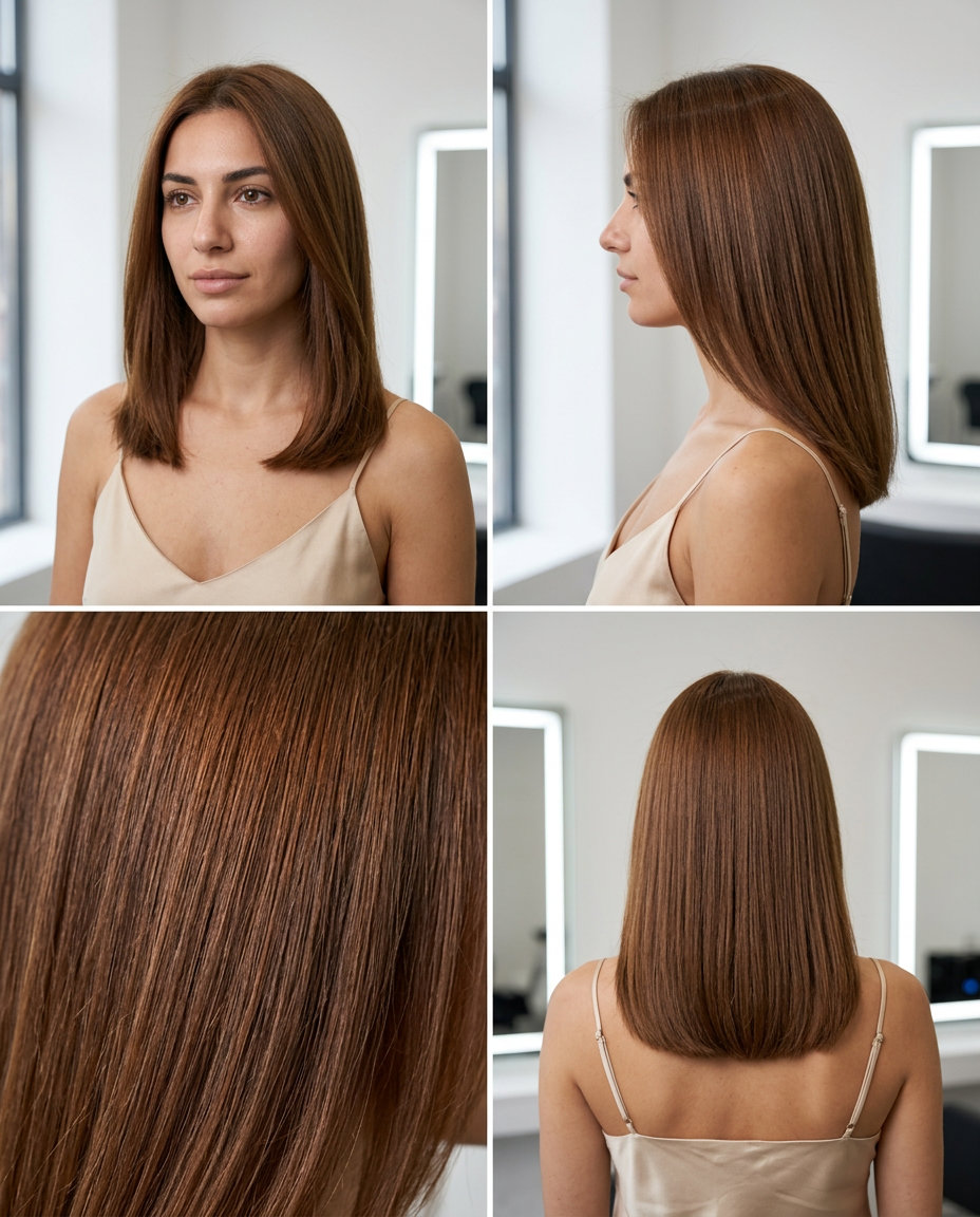 Syrup Brunette All-Over 2026 long one-length cut with syrup brunette all-over color and golden-red undertones