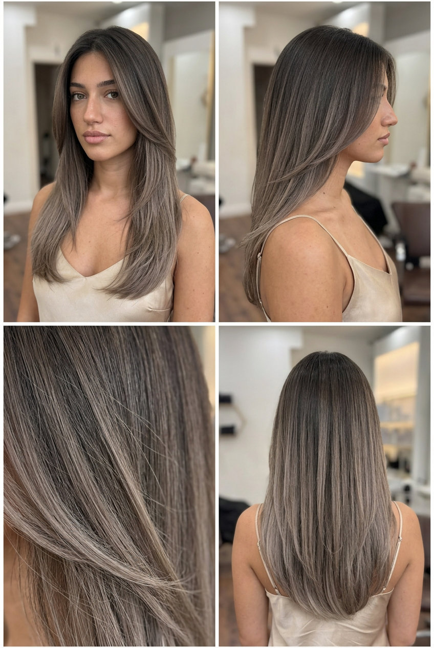 Cool Taupe Ombré Brunette 2026 long bob with cool taupe ombré and ash beige ends for a minimalist look
