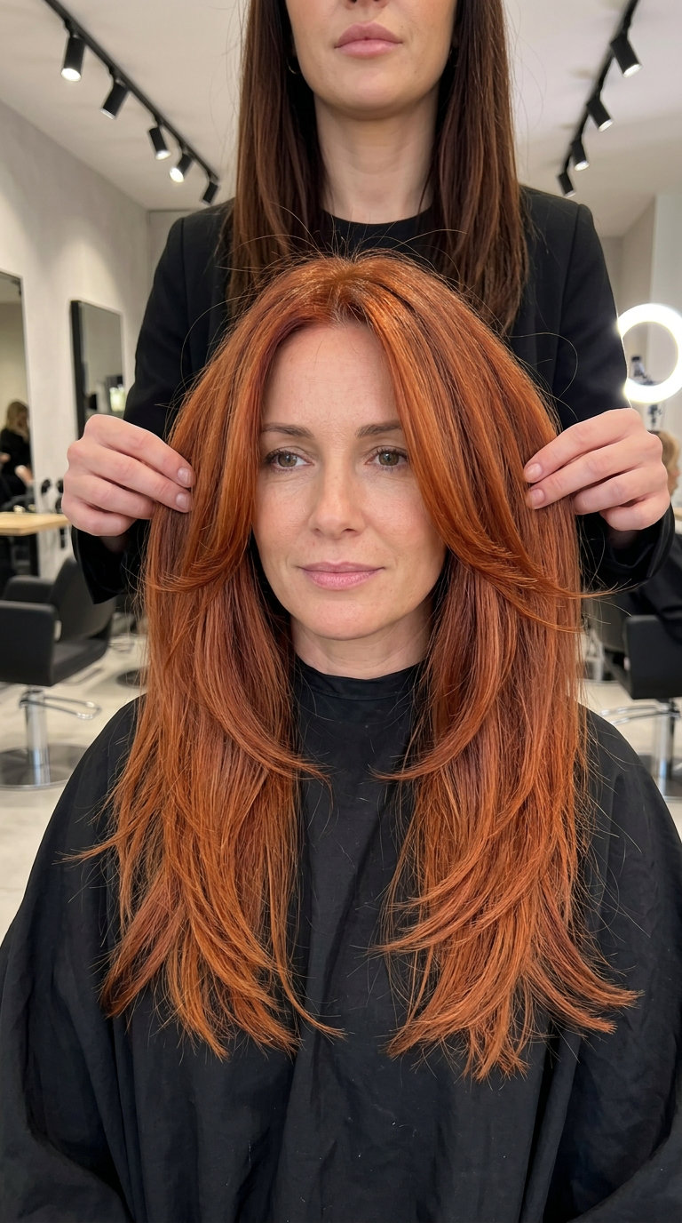 long v-cut haircut with terracotta copper color and auburn lowlights for a vibrant look