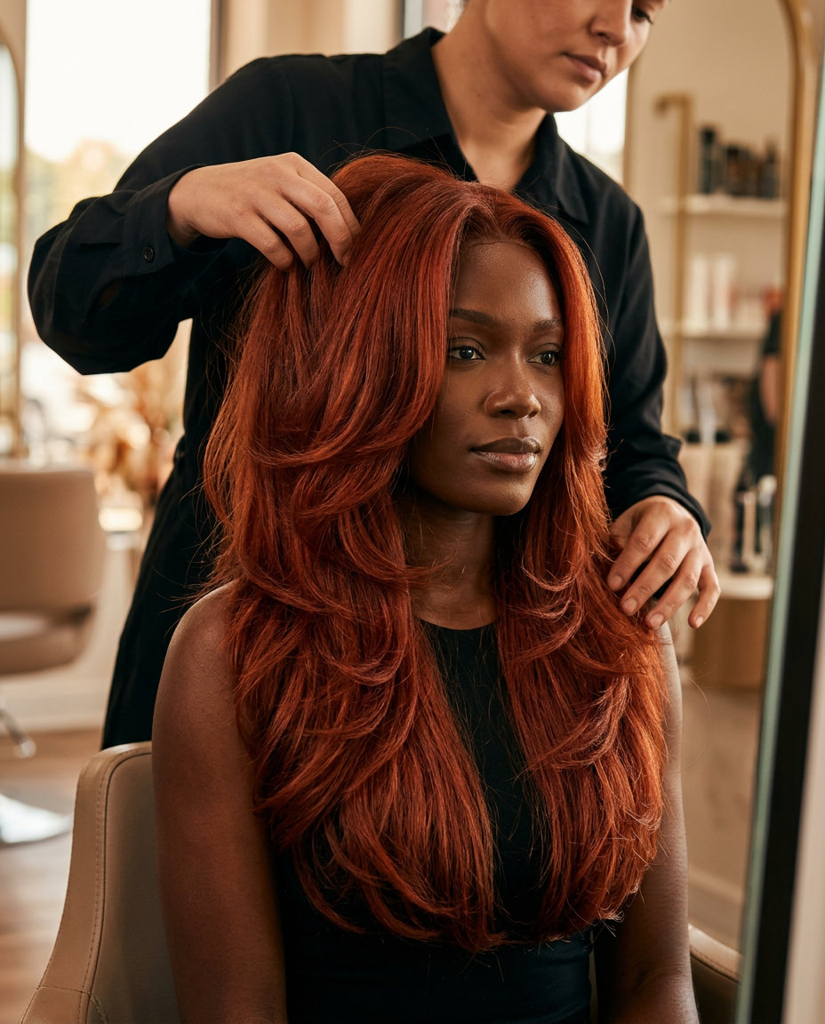 long butterfly haircut in rich terracotta sunset red with face-framing layers for summer
