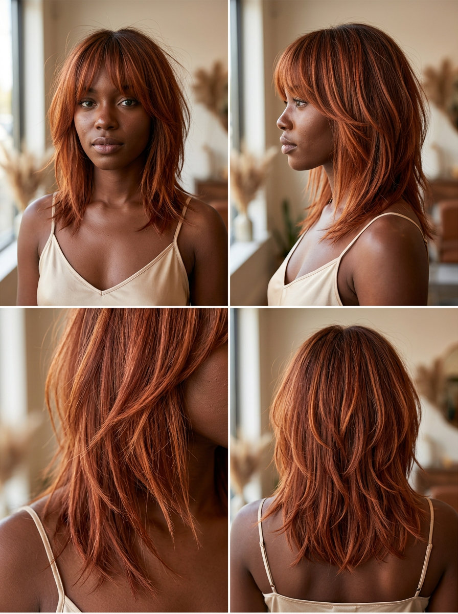 medium earthy terracotta shag with burnt orange highlights and curtain bangs
