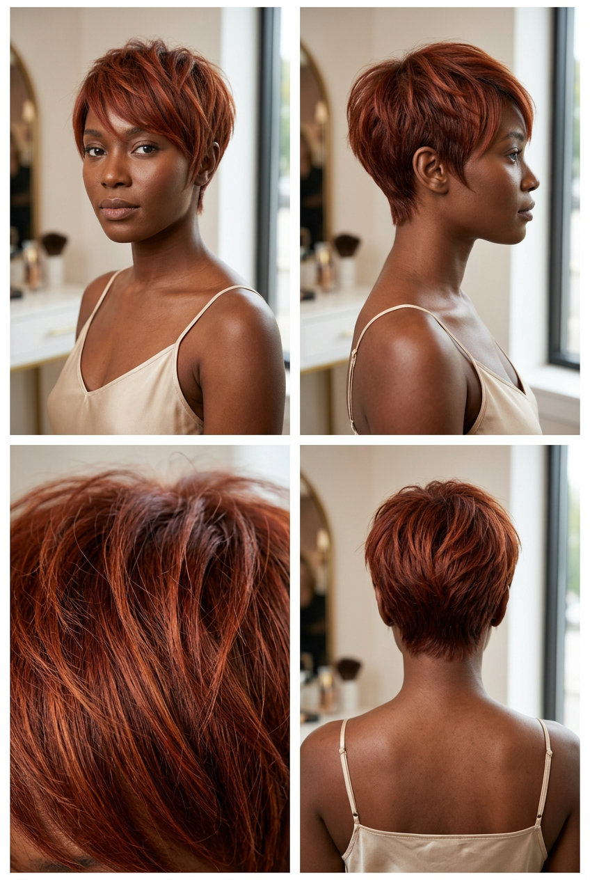 short textured pixie haircut in terracotta red with choppy layers for summer