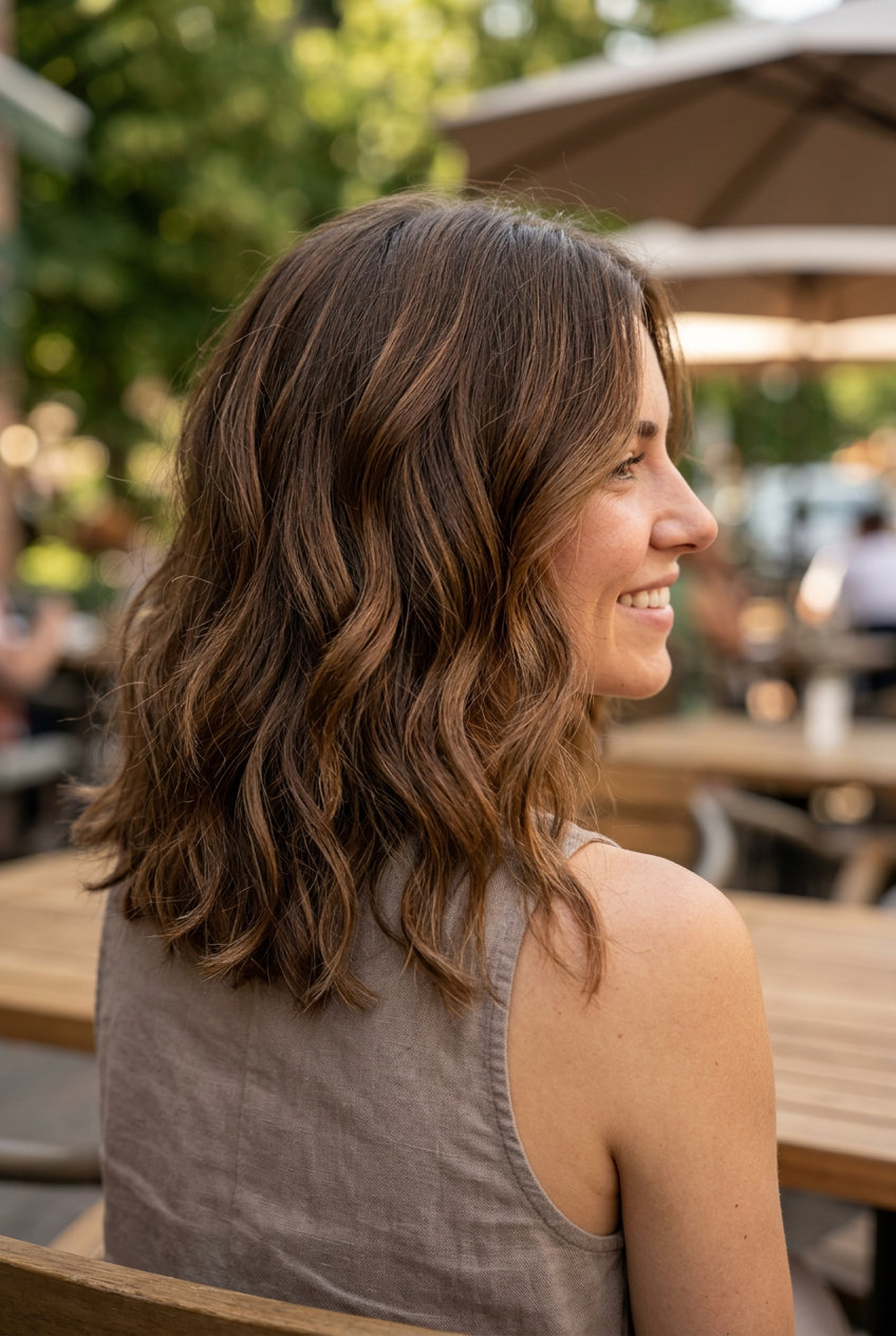 Toasted Chestnut Balayage on Long Hair 2026 long toasted chestnut balayage waves with golden amber tones for summer