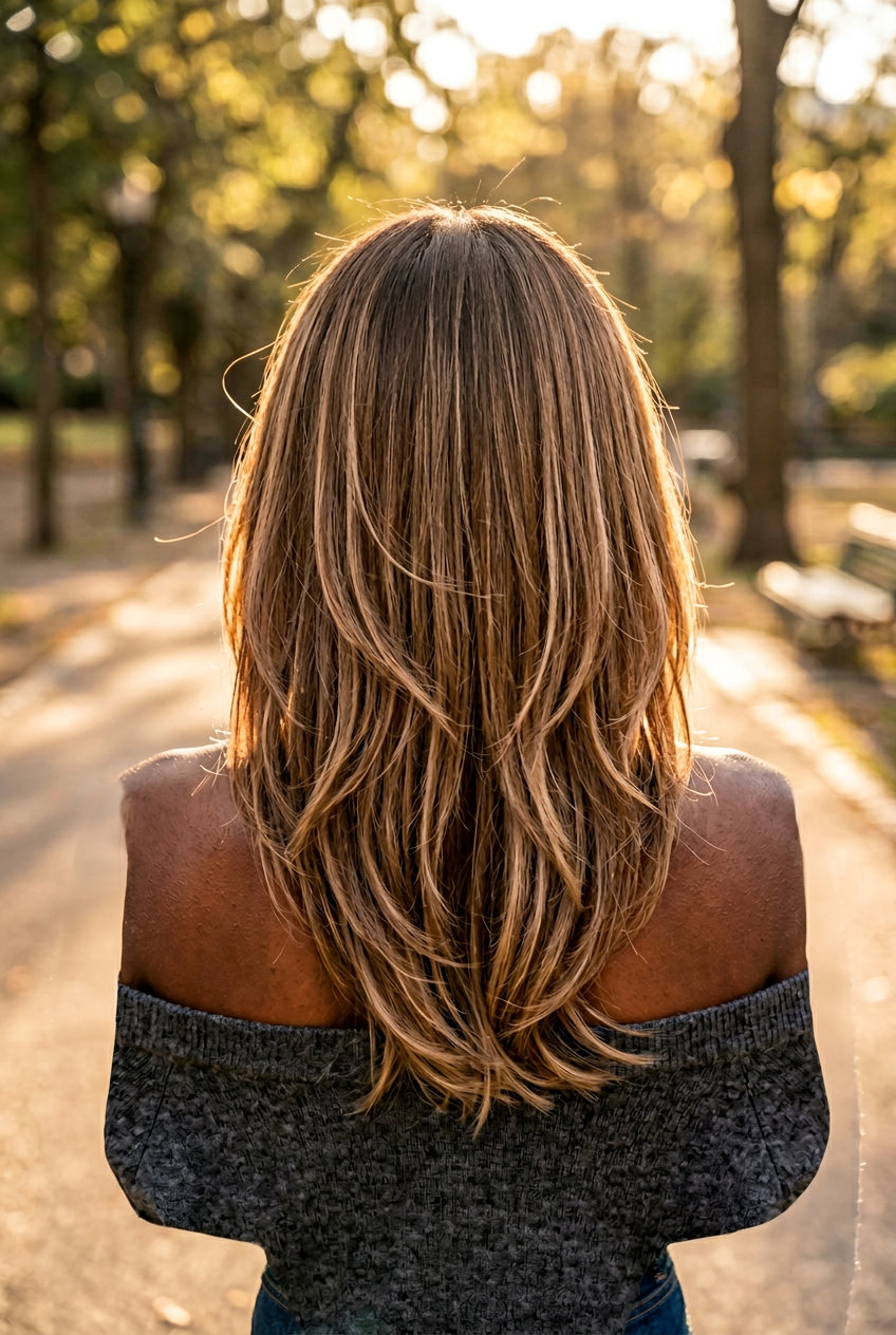 long warm medium brunette with sandy beige babylights, soft root smudge for effortless chic