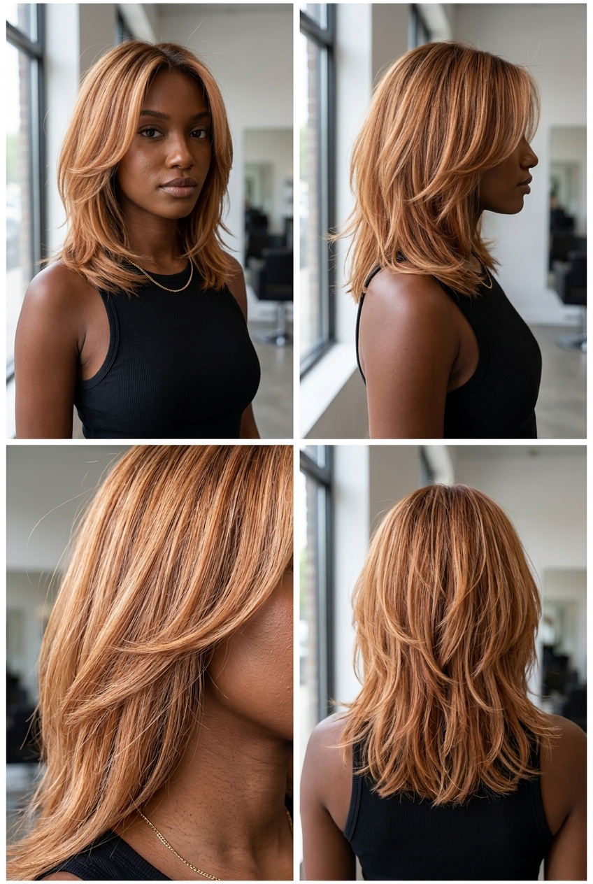 shoulder-length toasted strawberry blonde with light brown lowlights and soft layers