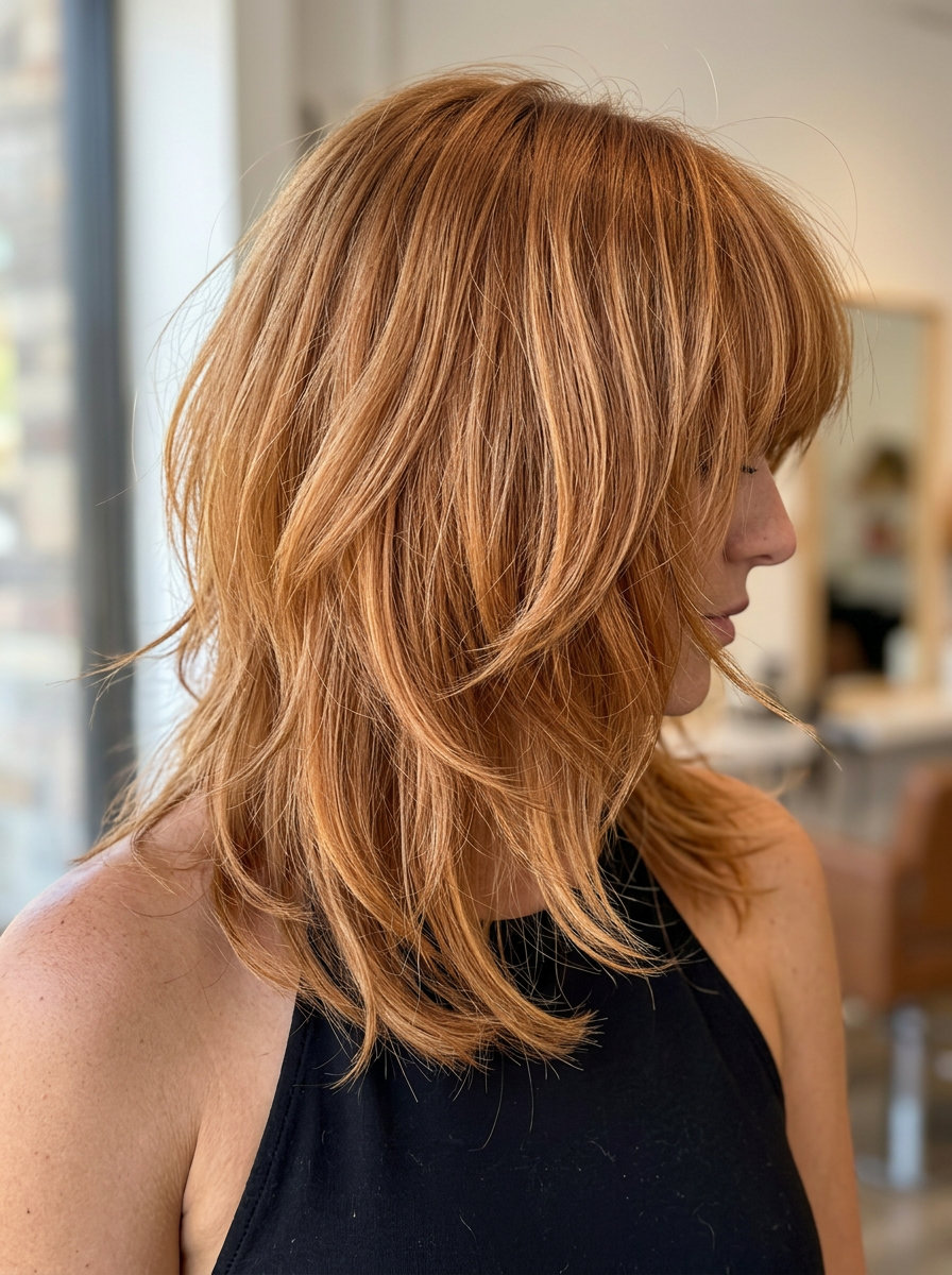 long shag haircut in venetian strawberry blonde with copper-gold base and copper blonde strands