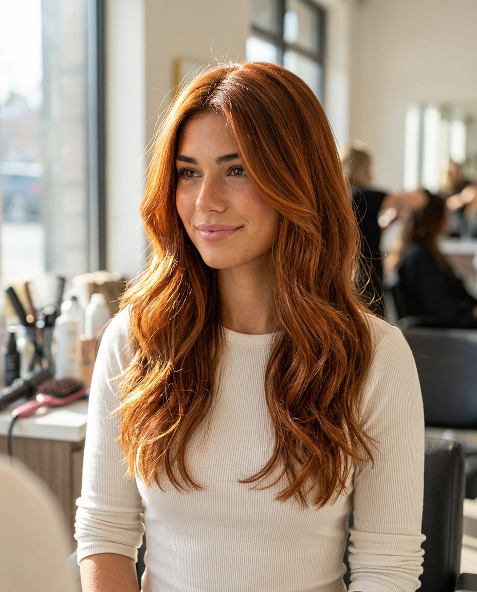 long layered cut auburn with vibrant copper balayage, sweeping layers and U-shape for natural waves