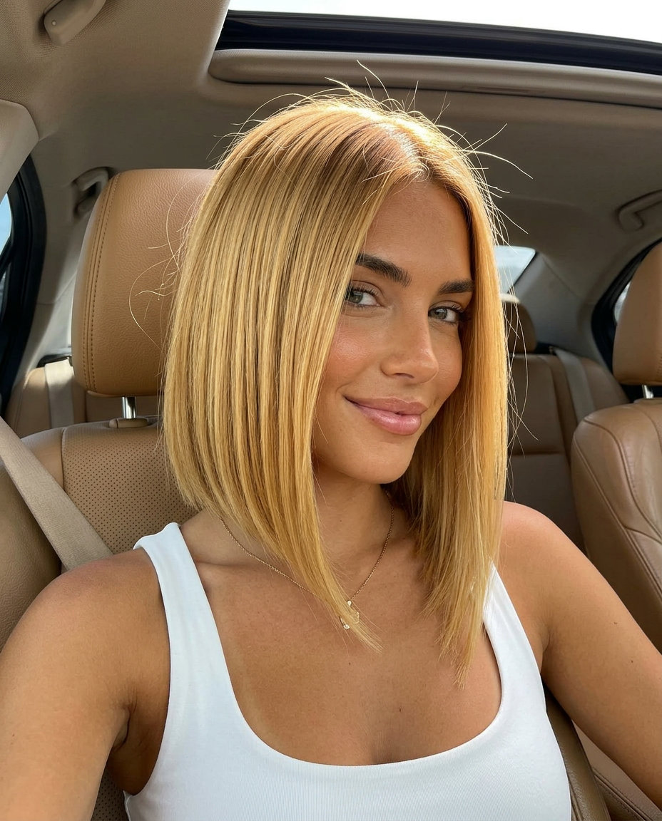 medium-length asymmetrical blunt cut in uniform vibrant honey blonde for a professional event