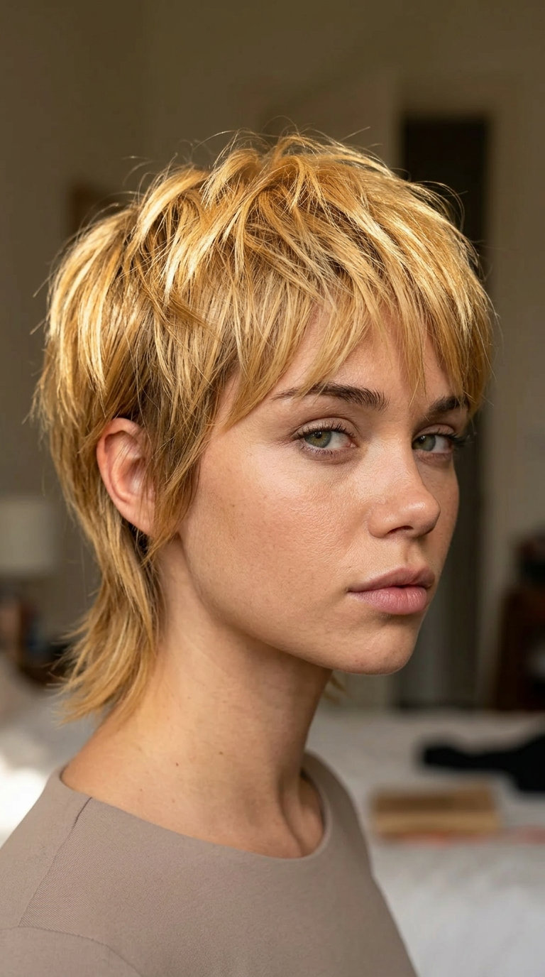 short pixie mullet haircut in vibrant golden honey blonde with micro-bangs for music festival