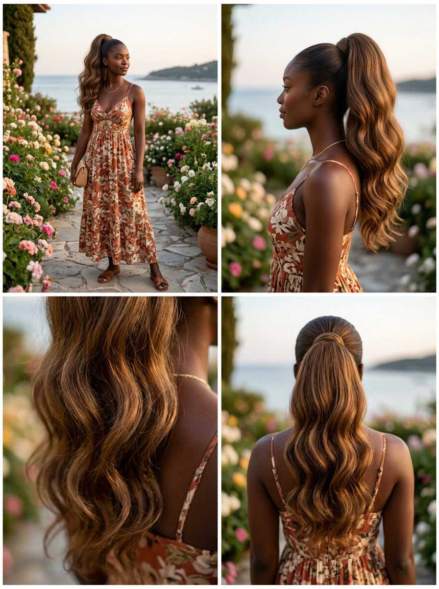 long warm medium brown ponytail with subtle golden undertones and soft waves for casual date